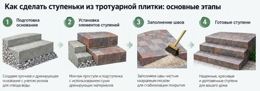 Монтаж тротуарной плитки ступеней: пошаговый алгоритм на дренажное основание